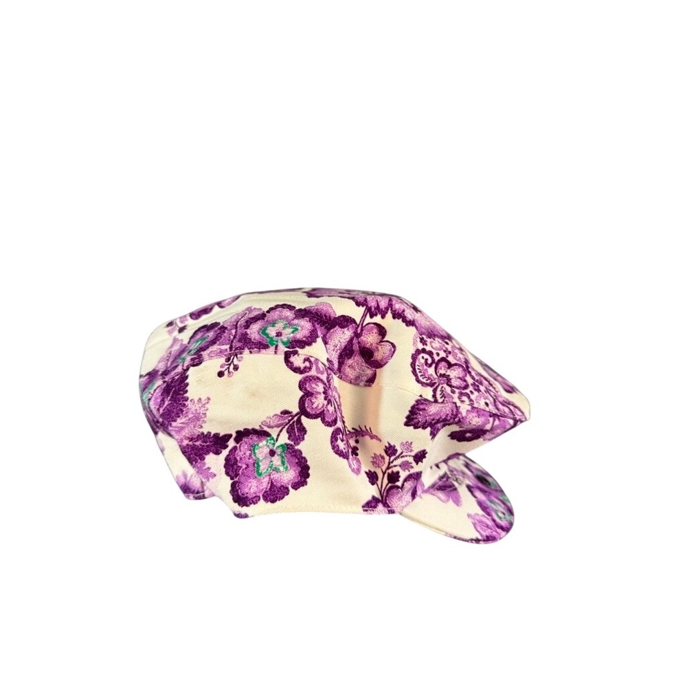 Burberry London Floral Flat Cap Newsboy Hat Purple Cream Made in England Large